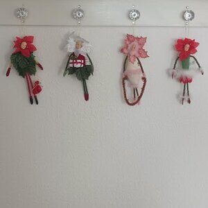 CHRISTMAS POINETTIA LADIES TREE ORNAMENTS RED WHITE PINK (SET OF 4) 8" TALL NEW